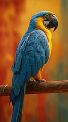 Fototapeta premium A stunning vibrant portrait of a macaw perched on a branch with colorful plumage and background