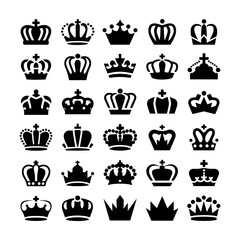 "Royal Crown Silhouettes Set – Black Vector King and Queen Crown Icons Collection"