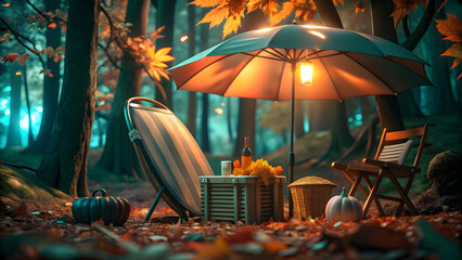 Forest autumn scene outdoor seating with pumpkins leaves
