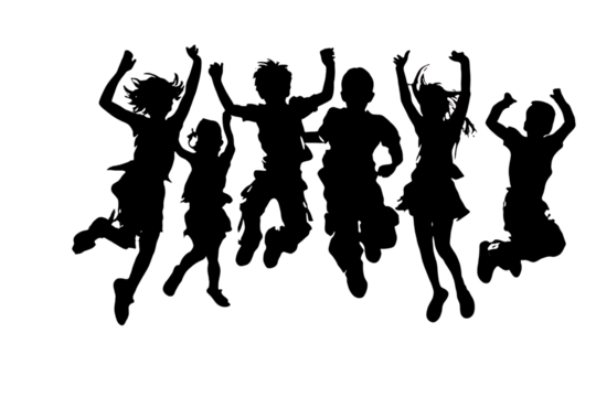 Joyful children leaping with arms raised celebrating pure happiness and vibrant energy in a dynamic, energetic moment of youthful exuberance