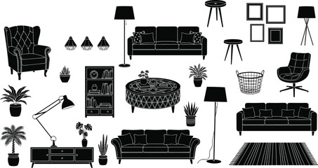 Silhouettes of living room furniture and home decor items including sofas, chairs, lamps, plants, rugs, wall art, vector illustration set