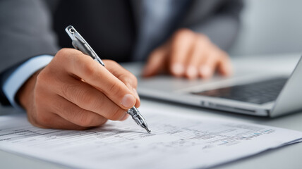 Fototapeta premium Business hand signing a form beside a laptop, illustrating agreement approval and corporate compliance process. 