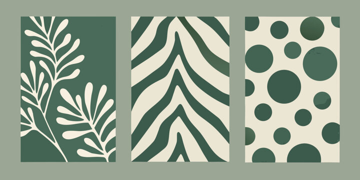 Set of three abstract minimalist art prints featuring botanical leaf pattern zebra stripes and polka dots
