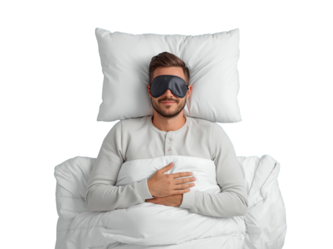 Serene slumber of a handsome man in sleep mask on transparent isolated field