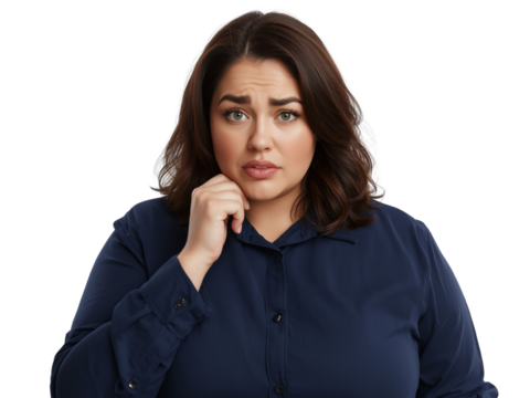 Worried woman with thoughtful gesture expressing concern on transparent backdrop