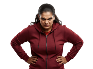 Woman Expressing Intense Displeasure with Scowl, isolated on transparent background, portraying