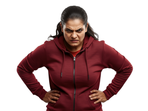 Woman Expressing Intense Displeasure with Scowl, isolated on transparent background, portraying