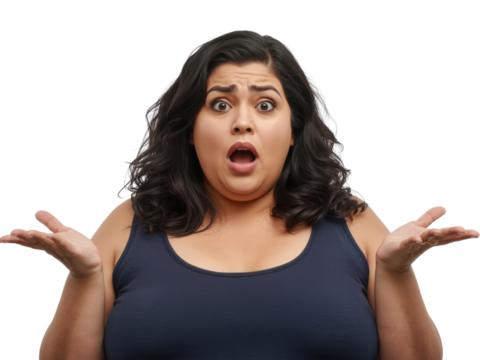 Woman expressing extreme surprise and confusion with arms raised on transparent isolated background