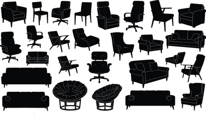 Silhouettes of various chairs, armchairs, lounge chairs, and sofas in different styles, modern and classic furniture design vector illustration set