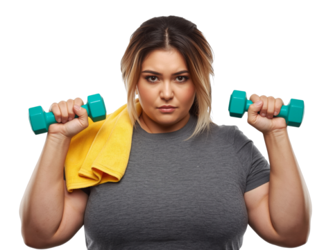 Determined Woman Engaged in Weight Training with Dumbbells on Isolated Background