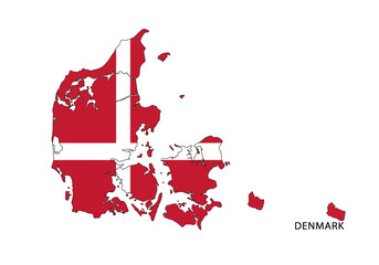 A map of Denmark is displayed filled with the Danish flag and labeled DENMARK in black