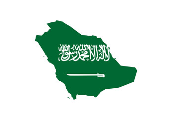 Green Saudi Arabia flag map with sword and calligraphy on white background