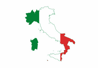 Italys outline filled with the countrys flag colors Green in the north red in the south White outlines the borders