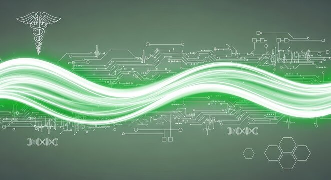 Medical technology background with caduceus and circuit board elements. Healthcare data flow. Digital science concept for pharmacy.