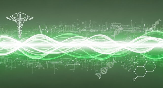 Medical caduceus symbol. DNA model. Heartbeat on network background. Healthcare and medicine concept. Scientific data.