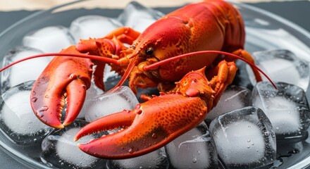 A vibrant red lobster rests atop a bed of glistening ice cubes, presented on a clear dish.