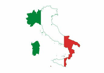 The shape of Italy filled with the colors green and red of the Italian flag