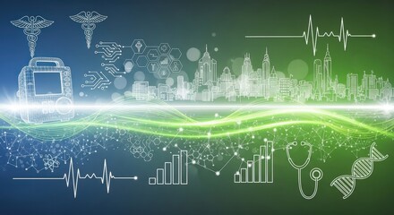 Modern medical technology illustration with health icons, city outline, heart rate. Healthcare and research concept on blue green background for science.
