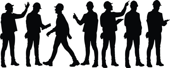 Silhouette vector illustration of construction workers wearing helmets, safety gear, walking, talking, pointing, working, communicating on construction site background