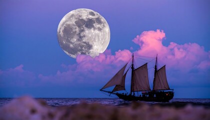 A majestic ship sails under a full moon at twilight