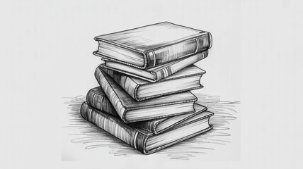A black and white pencil sketch of a stack of books leaning to the right