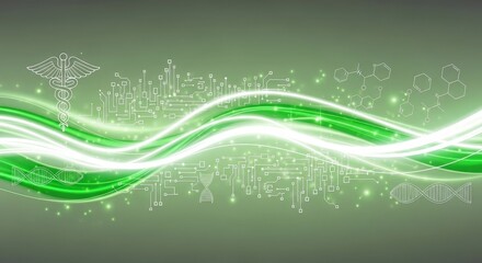 Abstract medical and scientific background with glowing waves, caduceus symbol, dna, circuit, chemical structures.