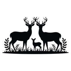 Silhouette of two stags and a fawn with grass and foliage elements deer buck