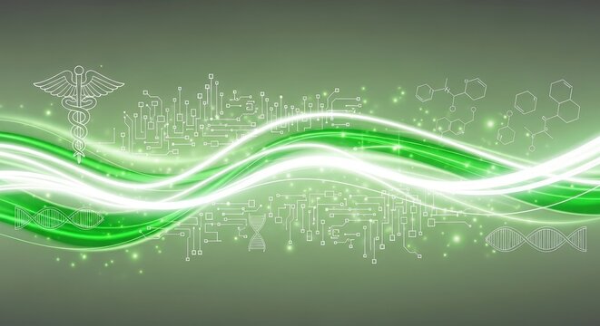 Abstract medical and scientific background with glowing waves, caduceus symbol, dna, circuit, chemical structures. - Powered by Adobe