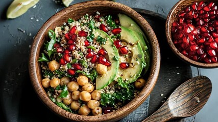 Healthy quinoa bowl with avocado chickpeas and pomegranate seeds, 4k video - Powered by Adobe
