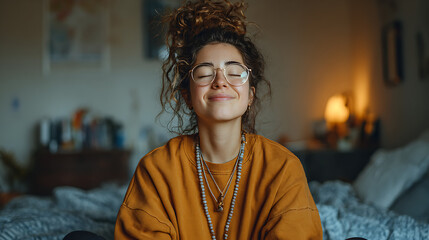 portrait of relaxed young social influencer woman in home interior during morning wellness meditation showing happiness fresh mood and positive lifestyle content creator inspiration
