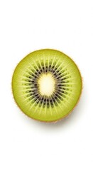 Top-down close-up of a vibrant and refreshing cross-section of a kiwi fruit, showcasing its juicy green flesh, black seeds and fuzzy brown skin on white background