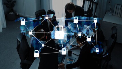 A dynamic office scene showing a diverse team collaborating on a project, enhanced by a digital overlay of locks and network connections representing cybersecurity and data safety. Raster