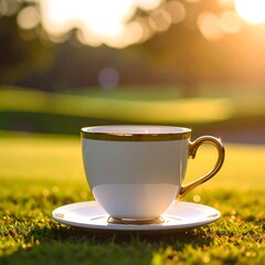 White teacup on saucer, golden trim, on grassy golf course at sunrise