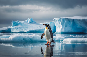 Fototapeta premium Solitary penguin on an ice floe in the arctic
