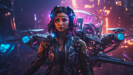 Futuristic female character in neon cityscape