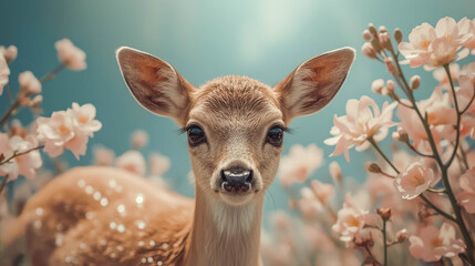 Young deer among pink flowers