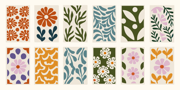Collection of abstract floral and botanical motifs in warm earthy tones and muted colors