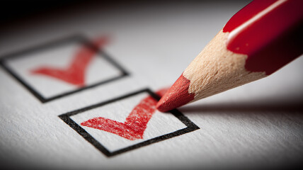 Pencil marking check boxes on a form, illustrating quality control completion accountability and a clear verification process for organized projects.
