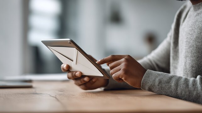 A person using a tablet to check messages and emails at a wooden desk