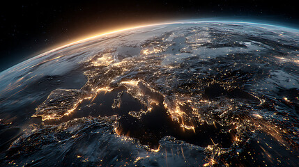 futuristic digital visualization of earth highlighting europe with glowing lights global network planet surface atmosphere technology and modern environment concept