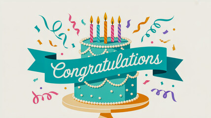 A celebratory birthday illustration with a mint green two-tiered cake decorated with white pearl-like dots and a white pearl border.