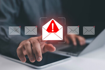 Email security alert with red warning symbol on message envelope, representing spam mail, phishing attack, malware threat, and cybersecurity risk in digital communication.
