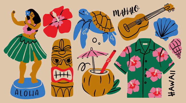 Various Hawaiian tropical symbols set. Hula dancer, tiki statue, exotic flower, sea turtle, ukulele guitar, coconut cocktail, shirt, shells. Hand drawn Vector illustration. Isolated design elements