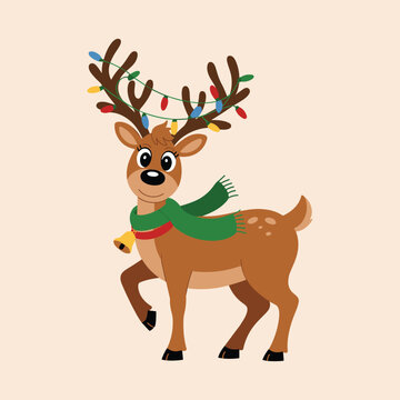 Walking Cartoon Reindeer with Christmas Lights Scarf and Bell on Antlers Keywords: reindeer