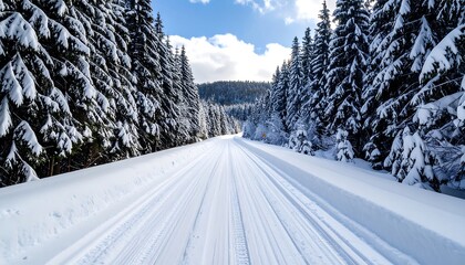 Snowy winter road through a forest