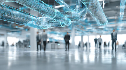 futuristic piping systems with digital overlay in modern office highlighting engineering project professional workflow design technology and industrial infrastructure