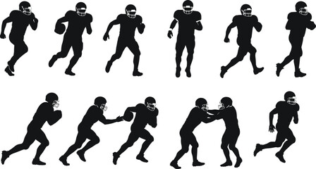 American football players silhouette, running, passing, tackling, sports vector icons, athlete motion poses, team game action illustration set