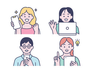 Fototapeta premium Simple Vector of Young People Happy with Smartphone, Tablet, and Laptop