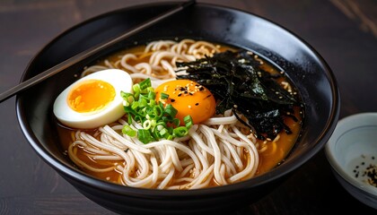Bowl of hot, flavorful noodles, topped with egg, spice, and seaweed