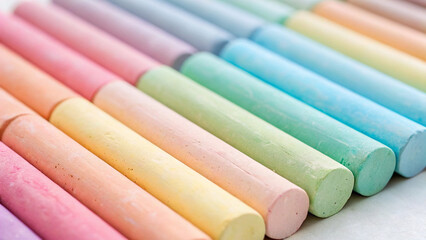 Obraz premium Row of Pastel Colored Chalk Sticks in a Diagonal Line Keywords: chalk, pastel, color, rainbow, art, drawing, writing, education, school